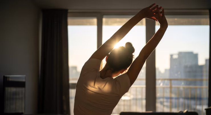 Mindful outdoor morning stretch and daylight